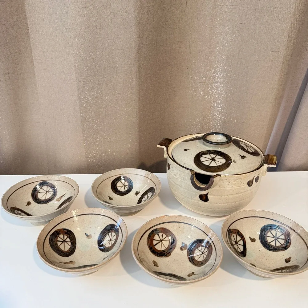 Japanese Otagiri Pottery Lidded Soup Tureen and 5 Bowl Set Speckled Stoneware